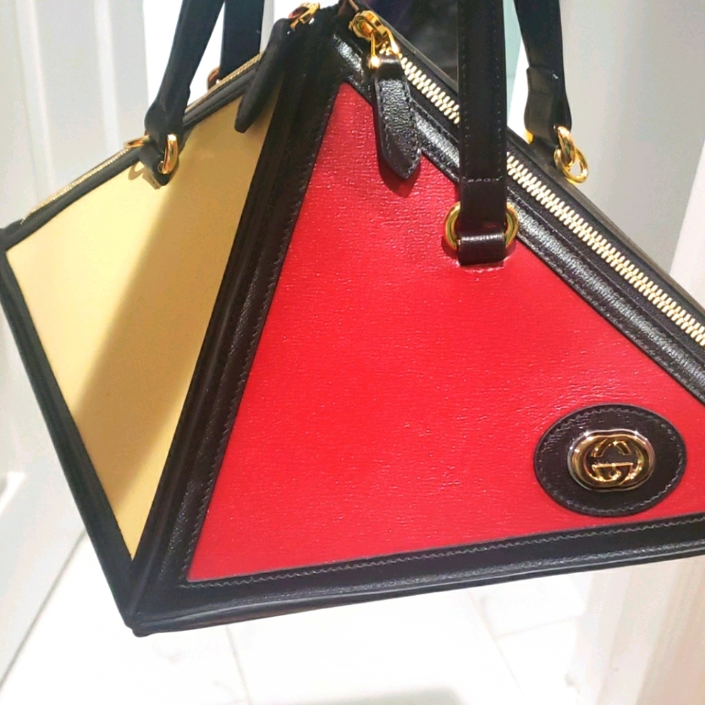 Gucci Red and Tan Triangular Tote with Gold Accents